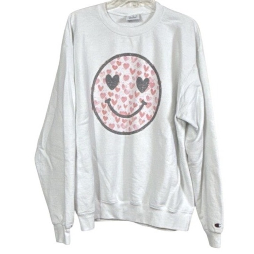 Champion Smileyβ Face Sweatshirt XL White Hearts Crewneck Graphic Flaw